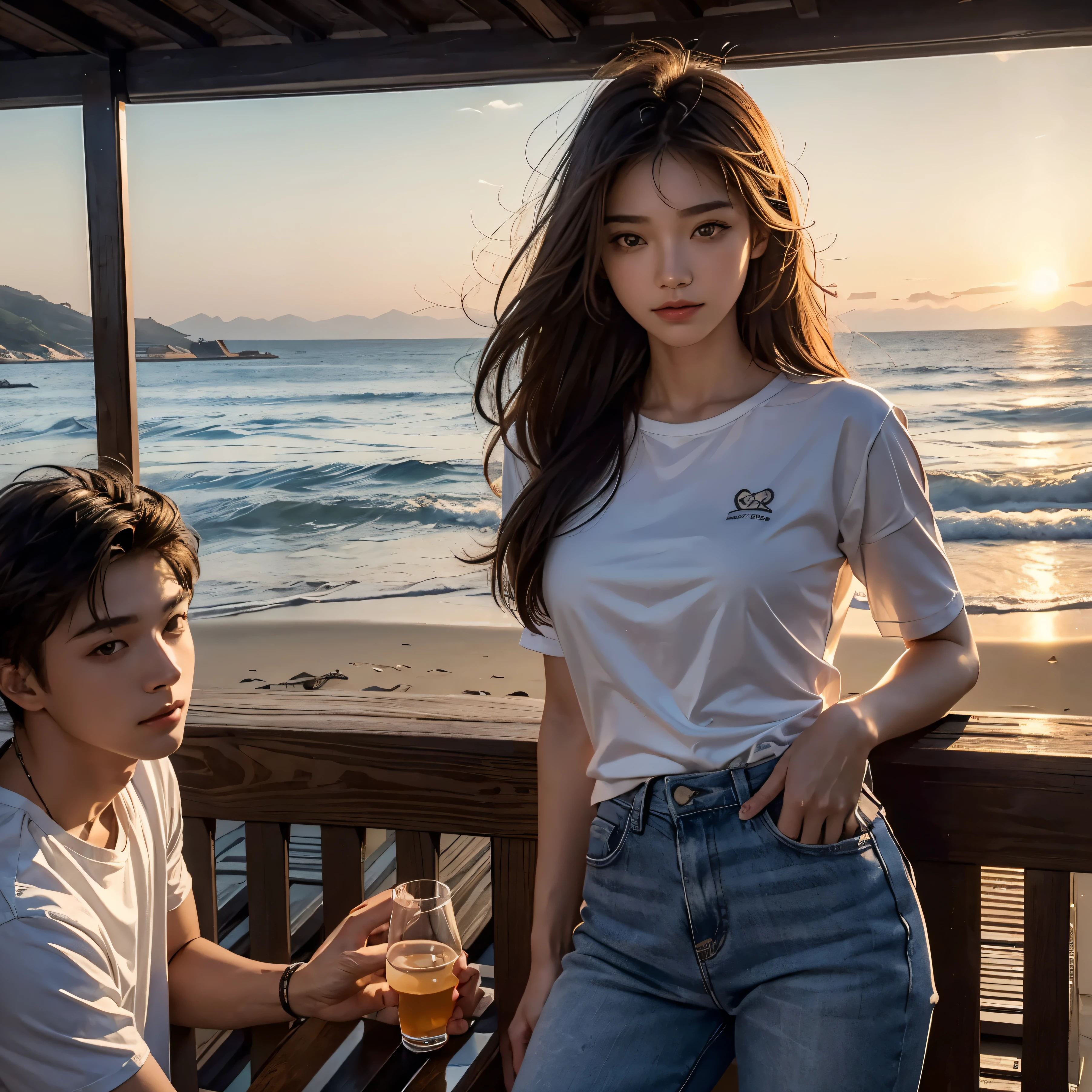 (extremely detailed and high-quality illustration),(best lighting and shadow effects, ultra-realistic), sunset beach, young man with a wheat skin tone, looking out at the girl with a love expression,muscle, girl with casual clothes, korean couple, eyes contacts.