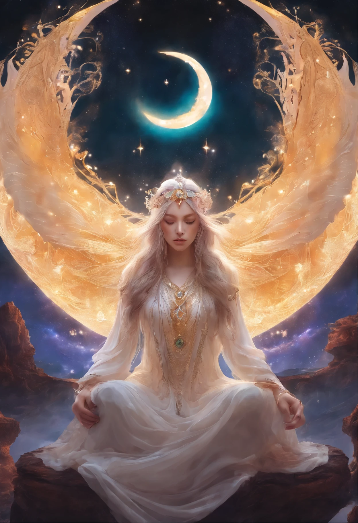 a woman sitting in a circle with a crescent and a crescent, digital art by Yang J, Artstation contest winner, fantasy art, a beautiful sorceress, beautiful sorceress, beautiful celestial mage, elfic priestess, moon goddess, fantasy art style, elven spirit meditating in space, maya ali sorceress, lunar goddess