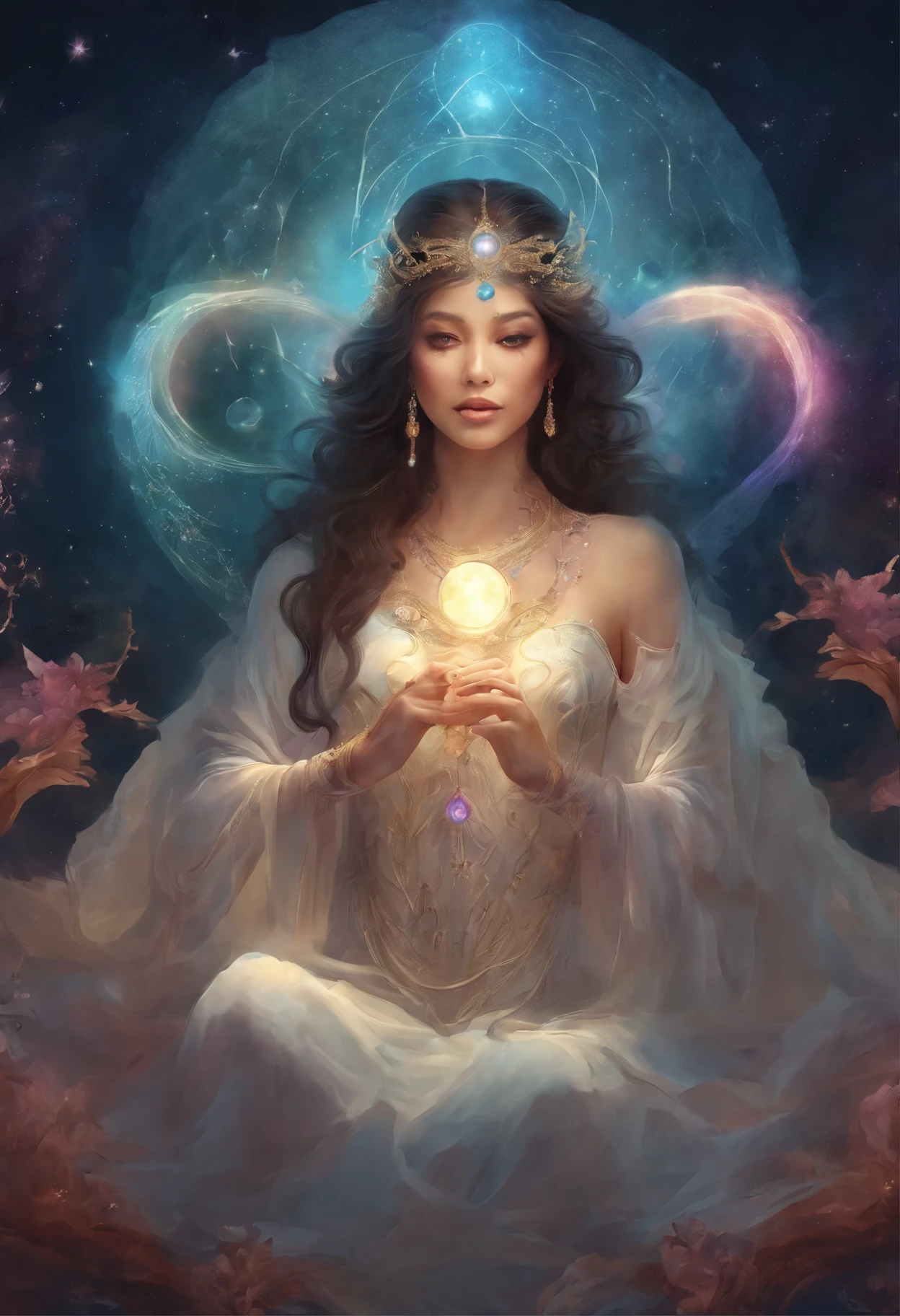 a woman sitting in a circle with a crescent and a crescent, digital art by Yang J, Artstation contest winner, fantasy art, a beautiful sorceress, beautiful sorceress, beautiful celestial mage, elfic priestess, moon goddess, fantasy art style, elven spirit meditating in space, maya ali sorceress, lunar goddess