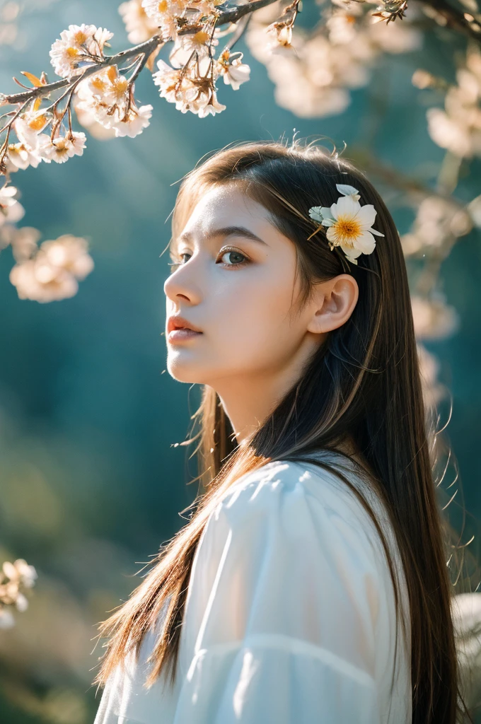 ( masterpiece, top quality, best quality,8k,17 years old girl,ultra detailed,raw photo:1.5),(photorealistic:1.4), (cinematic lighting), PerfectNwsjMajic, , Surrealism, UHD, ccurate, Super detail, textured skin, High detail, Best quality, dynamic angle, White skin,[Beautiful blue eyes], high nose,[flat chest:large breasts:0.5],(1girl),((good anatomy:0.5)),(covered in flowers:1.4), night sky, interested in, fire and ice, (The image is divided into two，Available in a variety of colors:2), eyes blues, sapphire, liquid metal, night sky, (Look at an angle:1.3), (fire and ice), ((Lower chrome)), (hairpin:1.4), (forest:1.3), (fog: 1.3),  Subtle colors and tones, mystical aura ,dreamy atmosphere,expressive brush strokes, mystical ambiance, Artistic interpretation, upper body, (long straight hair,light brown streaked hair, brown hair)