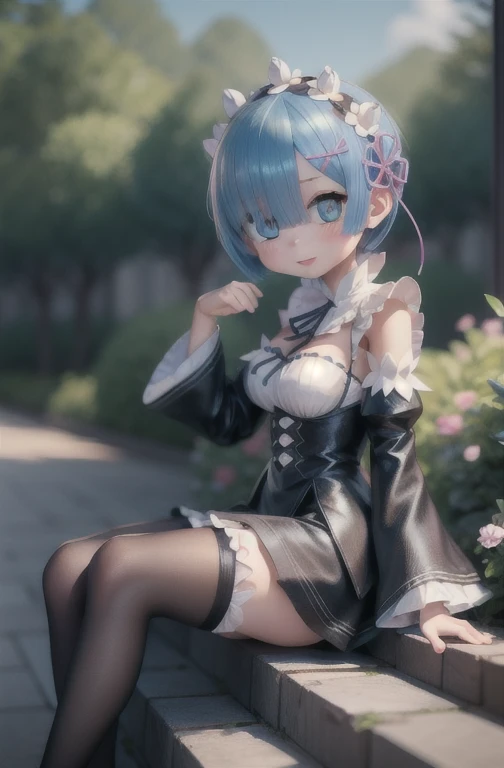 Rem /(Re:zero)/ ,anime girl sitting on steps , short light blue hair , blue eyes, girl fanart, in an anime style, in anime style, artwork in the style of guweiz, anime moe artstyle, modern anime style, anime style illustration, anime style only, anime artstyle, anime style, anime style character, anime style. 8k, anime style art, anime style 4 k