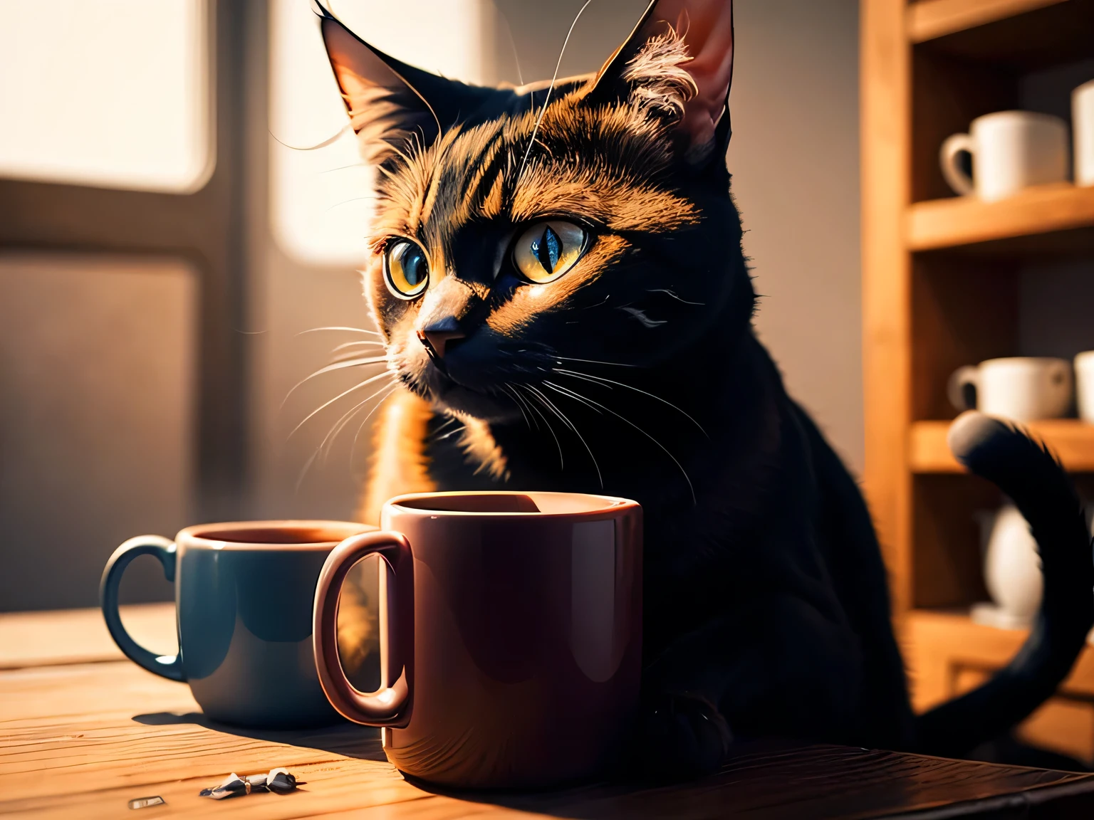 ((Master Parts,highest quality)), High resolution, Black cat, On the table, Mug, Realistic Cat、high resolution