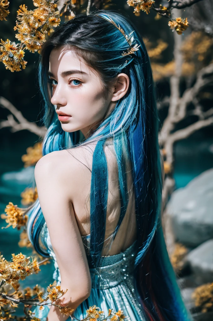 ( masterpiece, top quality, best quality,8k, girl,ultra detailed,raw photo:1.5),(photorealistic:1.4), (cinematic lighting), PerfectNwsjMajic, , Surrealism, UHD, ccurate, Super detail, textured skin, High detail, Best quality, dynamic angle, White skin,[Beautiful blue eyes], high nose,[flat chest:large breasts:0.5],(1girl),((good anatomy:0.5)),(covered in flowers:1.4), night sky, joint, interested in, fire and ice, (The image is divided into two，Available in a variety of colors:2), eyes blues, sapphire, liquid metal, night sky, (Look at an angle:1.3), (fire and ice), ((Lower chrome)), (hairpin:1.4), (forest:1.3), (fog: 1.3),  Subtle colors and tones, mystical aura ,dreamy atmosphere,expressive brush strokes, mystical ambiance, Artistic interpretation,Wonderland, blue glowing flowers tone, upper body, long hair,(blue streaked hair), river,water