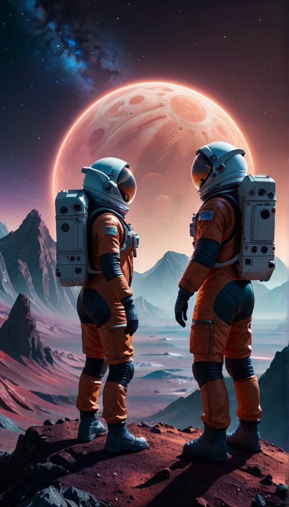 realistic, couple, sci-fi world, two astronauts (man and woman) standing on the edge of an alien mountain, observing the stars in the sky of an alien planet, highly detailed, 8k, photorealistic, masterpiece, cinematic lighting, dramatic, moody atmosphere, vibrant colors, volumetric lighting, hyper-detailed, sharp focus, physically-based rendering,ultra-fine details, dramatic lighting