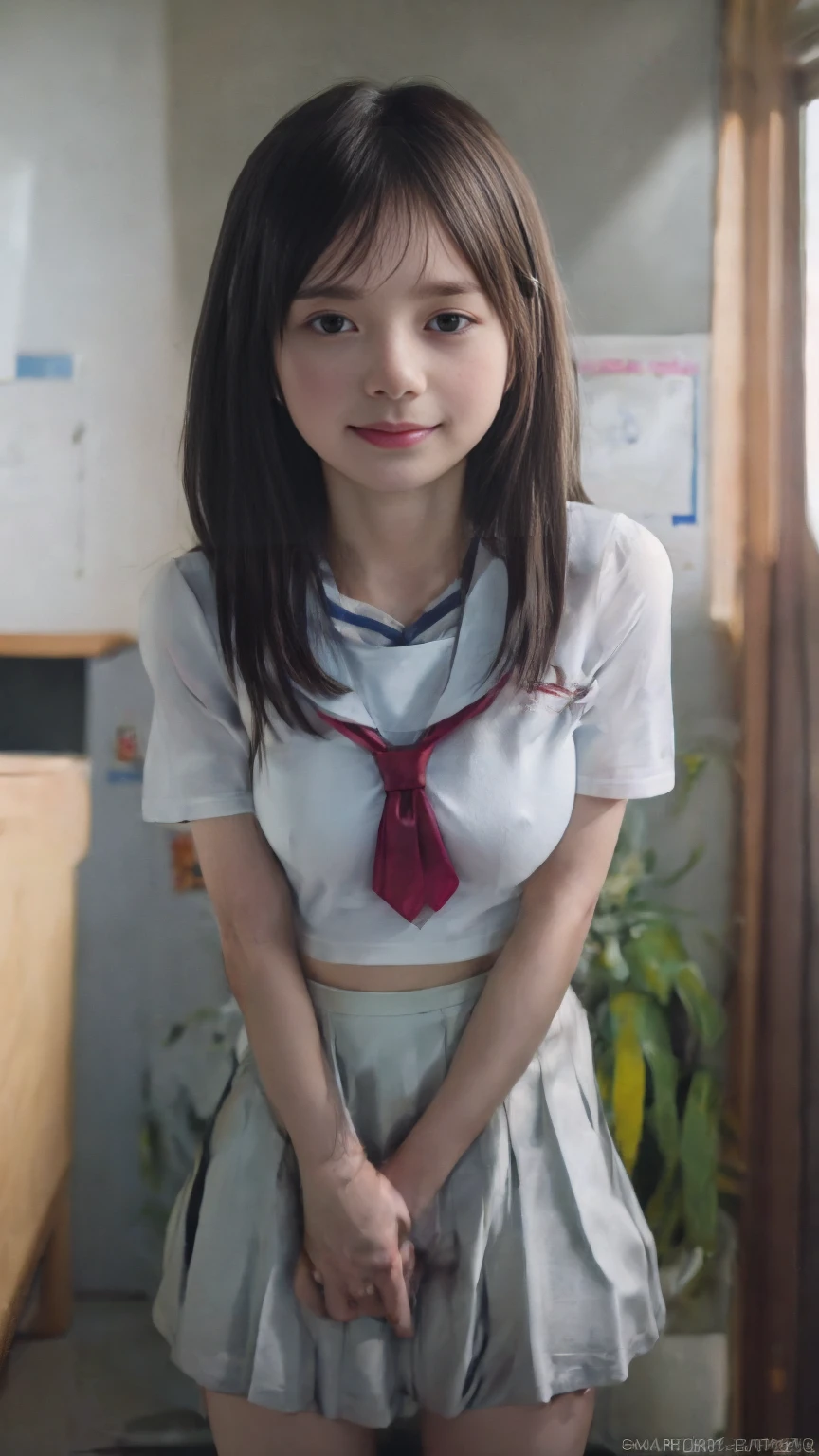(masterpiece, highest quality:1.2), 8k, Young and beautiful girl, 85mm,Official AR RAW Photos, 、Clothes are big、Show me your ears、photo shoot, Cute face, Thighs, Classroom after school, Looking at the audience, Embarrassing、smile、No makeup, Film Grain, chromatic aberration, Sharp focus, Face Light, Bright lighting, 10 generations, Detailed face, Background Blur、((((((18 year old high school girl))))))、Tight waist、Sailor suit、Not wearing a skirt、pubic hair、vagina/Pussy, huge breasts,big breasts, NSFW