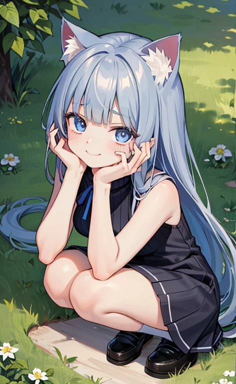 (masterpiece:1.4、top-quality、illustration)、(character focus、,cowboy shot:1.3)、(from above:1.4),(1girl),(forced smile:1.3),(Beautiful eyes:1.4),cute face,blue eyes、(tareme:1.3)、(cat ears,cat tails),
),(squatting:1.4),、(hand on own eyes:1.4)
(blue grey hair),(long hair:1.5)、
,(meadow:1.3),（sleeveless turtleneck dress:1.5),
(blunt bangs),(sidelocks:1.3), (small breasts)、
、slender、