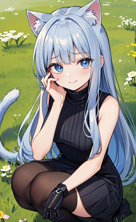 (masterpiece:1.4、top-quality、illustration)、(character focus、,cowboy shot:1.3)、(from above:1.4),(1girl),(forced smile:1.3),(Beautiful eyes:1.4),cute face,blue eyes、(tareme:1.3)、(cat ears,cat tails),
),(squatting:1.4),、(hand on own eyes:1.4)
(blue grey hair),(long hair:1.5)、
,(meadow:1.3),（sleeveless turtleneck dress:1.5),
(blunt bangs),(sidelocks:1.3), (small breasts)、
、slender、