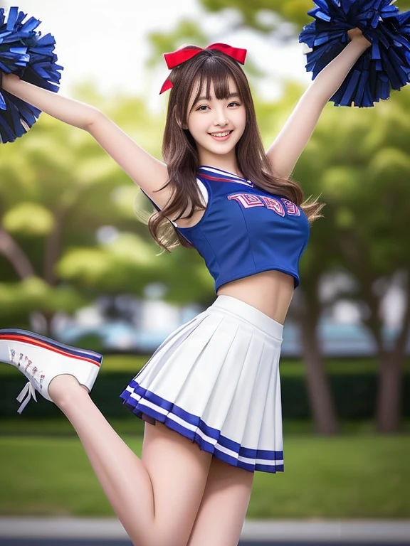 Photo-realistic quality、Dressed in cheerleader outfits posing for a photo20Old Japanese woman, Black Skirt、Japanese girl in cheerleading costume, Beautiful idol female college student, Cute Model, Attractive girl, mini skirt, Japanese Model, White top、looking at the camera、Cute smile、Delicate and beautiful eyes、Soft lips、Slightly large breasts