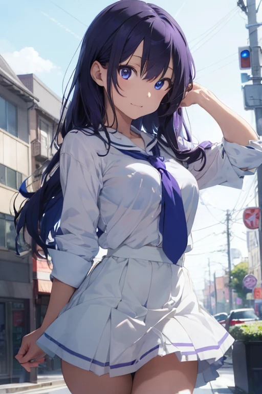 ((best quality)), ((masterpiece)), (detailed), perfect face anime, girl,suzukawa rei  violet coloured hair, detail big blue eyes, white shirt tight, big , very short skirt, horny pose, without tie, black skirt