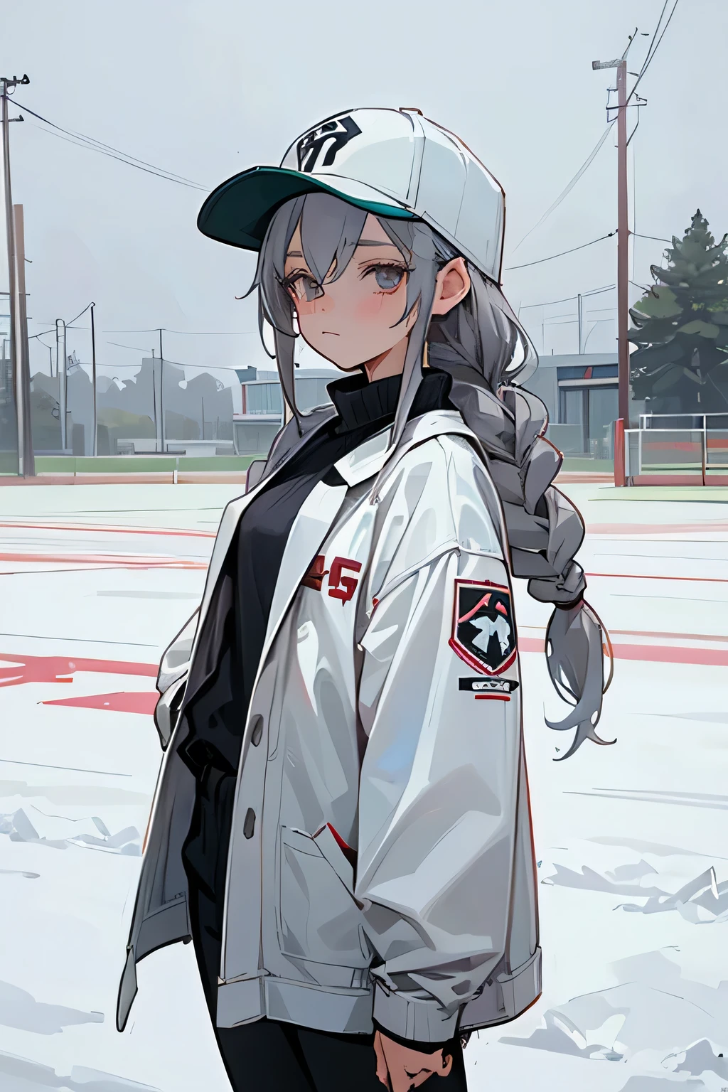 (masterpiece),(最high quality),Fair-skinned  anime female character wearing a sci-fi baseball uniform,  physique, Flat Chest,Hunchback, ,1 person, Baseball hats, Coat with boa,world１Beautiful girl, White eyelashes, Gray eyes, emotionless expression,expressionless,voluminous hair,braid,Voluminous braids,Gray Hair, hair over one eyeアニメ萌えアートスタイル, Anime Girl, Young Anime Woman, Snowy baseball field, Gloomy sky,high quality,