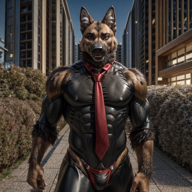 An adult male muscular german shepherd fursuit alone in New Zealand 25 years old looking at the viewer looks happy wearing a very sexy tight thong fur and red eyes outdoors posing for the camera now to match this champion a black suit and a tie