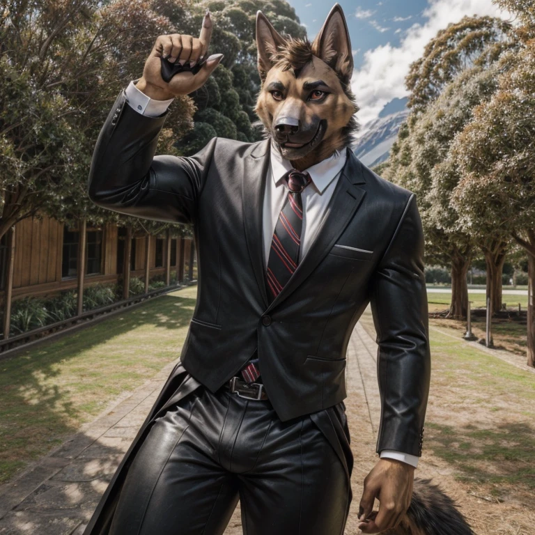 An adult male muscular german shepherd fursuit alone in New Zealand 25 years old looking at the viewer looks happy wearing a very sexy tight thong fur and red eyes outdoors posing for the camera now to match this champion a black suit and a tie