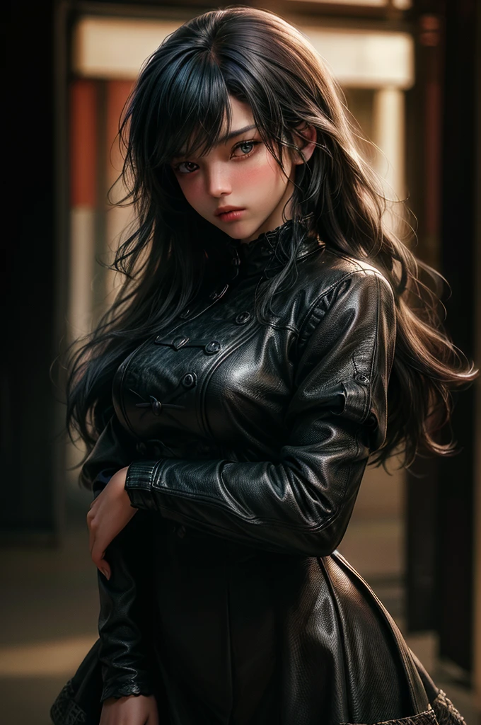 (Black rider jacket:1.1), (masterpiece, highest quality, pretty girl, Beautiful Face, 8k, RAW Photos, Realistic, Absurd:1.2), teens, Cowboy Shot, Dutch Angle, Face Light, Film Grain, chromatic aberration, High resolution, Super detailed, In detail, Light blue ruffle lace dress, Detailed skin, eyes and face, Sharp pupils, Realistic students, Sharp focus, street