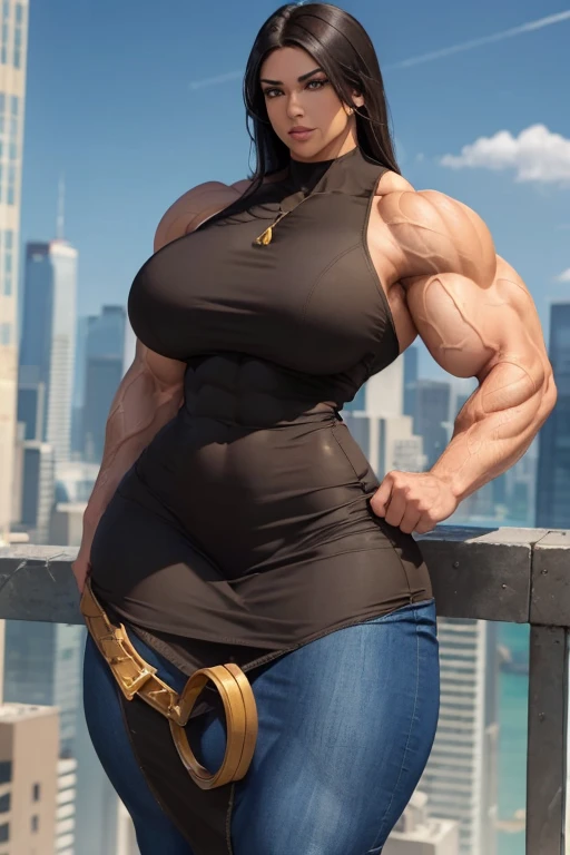 ((((Massive tall, beautiful, buff, light brown skinned muscular woman with black hair, ginormous bulky muscles and wearing a beautiful denim pencil dress)))), (close view), massive muscles, massive biceps, hyper muscle shoulders, massive muscle arms, vascular shoulders, hyper muscle triceps, (long straight hair), orange eyes, choker, on top of a sunny skyscraper In the sky, confidant smile, hyper vascular arm, hyper muscles arms, hyper muscle legs, (massive arms).
