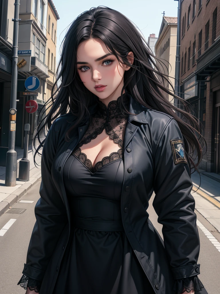 (Black rider jacket:1.1), (masterpiece, highest quality, pretty girl, Beautiful Face, 8k, RAW Photos, Realistic, Absurd:1.2), teens, Cowboy Shot, Dutch Angle, Face Light, Film Grain, chromatic aberration, High resolution, Super detailed, In detail, Light blue ruffle lace dress, Detailed skin, eyes and face, Sharp pupils, Realistic students, Sharp focus, street