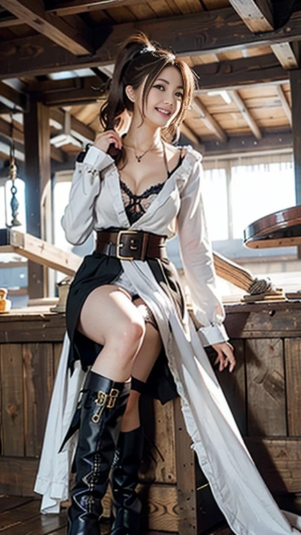 masterpiece, highest quality, Realistic, Very detailed, Finer details, High resolution, 8k wallpaper, One beautiful woman, female pirate cosplay costume,The pirate ship Black Pearl during the day, Light brown ponytail hair, Perfect dynamic composition,(Throw a kiss), Beautiful and beautiful eyes,,Smile and laugh,Full Body Shot:1.3,Ample breasts,Smile and laugh,Smile and laugh,