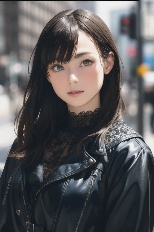 (Black rider jacket:1.1), (masterpiece, highest quality, pretty girl, Beautiful Face, 8k, RAW Photos, Realistic, Absurd:1.2), teens, Cowboy Shot, Dutch Angle, Face Light, Film Grain, chromatic aberration, High resolution, Super detailed, In detail, Light blue ruffle lace dress, Detailed skin, eyes and face, Sharp pupils, Realistic students, Sharp focus, street