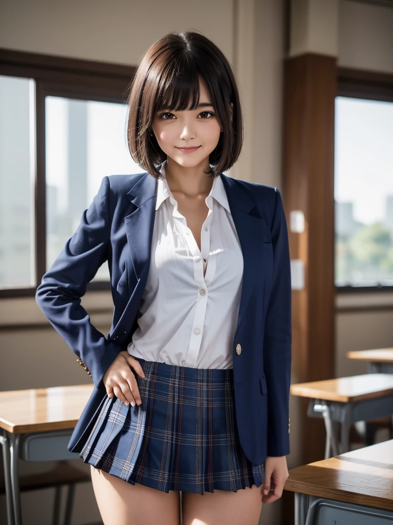 (8k, RAW Photos, highest quality), Stand in the classroom of school, (((((((One woman))))))), ((Brown Hair)), ((Short Bob Hair)), ((Detailed eyes)), ((smile)), ((White blouse)), ((tie)), (((Dark blue closed blazer))), (((A blue plaid pleated miniskirt that wraps around the hips))), Asymmetrical bangs, 少しのsmile, Thighs, knees, Random pose，pretty girl，Slender girl