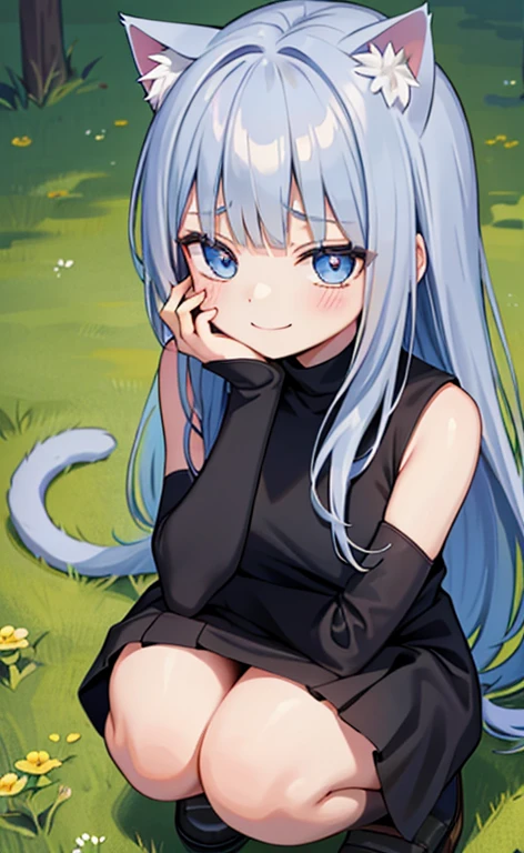 (masterpiece:1.4、top-quality、illustration)、(character focus、,cowboy shot:1.3)、(from above:1.4),(1girl),(forced smile:1.3),(Beautiful eyes:1.4),cute face,blue eyes、(tareme:1.3)、(cat ears,cat tails),
),(squatting:1.4),、(hand on own eyes:1.4)
(blue grey hair),(long hair:1.5)、
,(meadow:1.3),(sleeveless turtleneck dress:1.5),
(blunt bangs),(sidelocks:1.3), (small breasts)、
、slender、