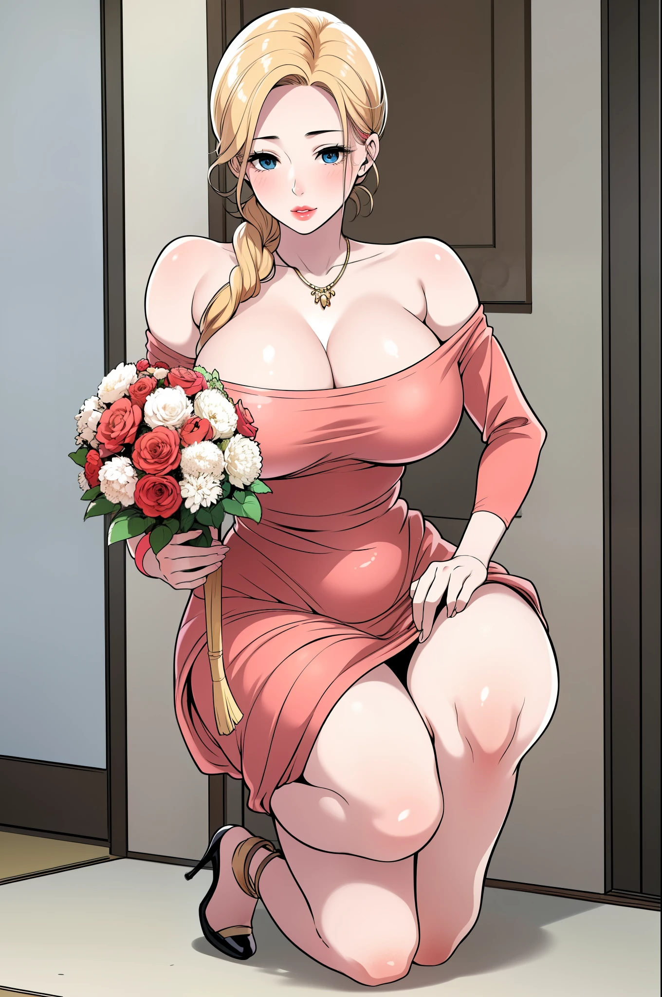 An extremely, insanely beautiful stunning gorgeous pretty cute sexy busty mother with a perfect gorgeous beautiful face, extremely super bright snow white fair stunning flawless glowing lush shiny white skin, and complexion, gold blonde hair tied in a cute hairstyle with hair ornament and red rose flower on hair, age 23, stunning shiny big shiny glowing blue eyes, bright pink cheek blushes, brown-black eyelashes, pink puffy lips, pink nails, goddess-like extremely cute sweet smile, face full of life, wearing a gold necklace, feet anklets, wearing a extremely pretty sexy long loose-soft revealing BLACK COLOURED dress with threads with a WHITE COLORED OFF-THE-SHOULDER CROCHET CARDIGAN sweater hanging on her back and shiny gold high-heels, gold bangles, looking at the viewer, standing straight, insanely tight skinny perfect hourglass figure, perfect round wide perfect hips, perfect bouncy round breasts, perfect round plump ass poking out of her dress, holding bouquet of red roses, road market in the background, day time, show full body from head to feet.
