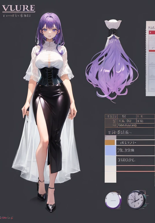 Purple hair,voluminous long hair,Adult female,(suit),See-through shirt,See-through tops,((Roll up your sleeves)),(Corset),(Tight skirt),(high heels),The heel is visible,((Simple background)),Smile,((Full body)),((whole body)),Character Sheet,