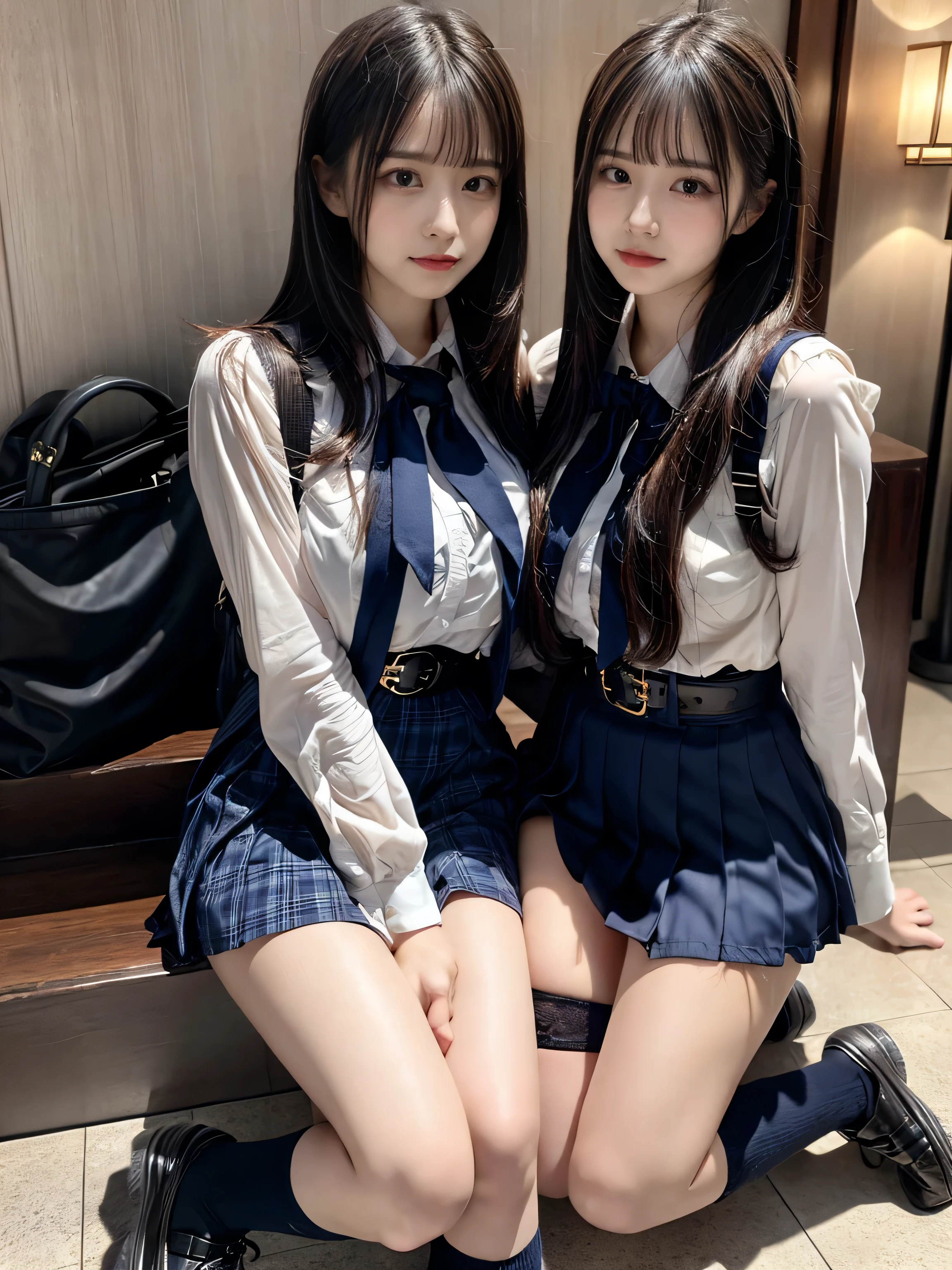 (8K, Raw photography, top-quality, masterpiece:1.2), muster piece, best quality, illustration, Super detailed, fine details, High resolution, 8K,wall paper, perfect dynamic composition,(Details High quality, realistic depiction of eyes:1.3), ((2 girls, 2 schoolgirls)), The background is a luxury hotel room、High school girl uniform、blazer 、Super Short Check Uniform Skirt、Navy blue high socks、garterbelts、Colossal tits、Disturbed uniform, Play with each other,Touching each other's bodies,Touching the body of the girl next door, short bob hair, black hair color, huge breasts, Big Natural Color Lip, bold sexy pose, (perfect body shape), crying a little、cold gaze, Beautiful makeup,glitter makeup,Cutest 18 years old、 beautiful legs, hposing Gravure Idol, Voluptuous thighs
