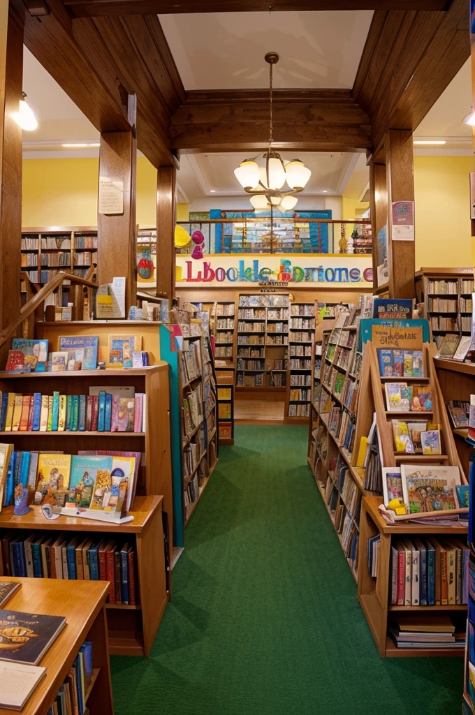 Draw a picture of colourful book shop like real picture and write name is "Little Bookworms Paradise"