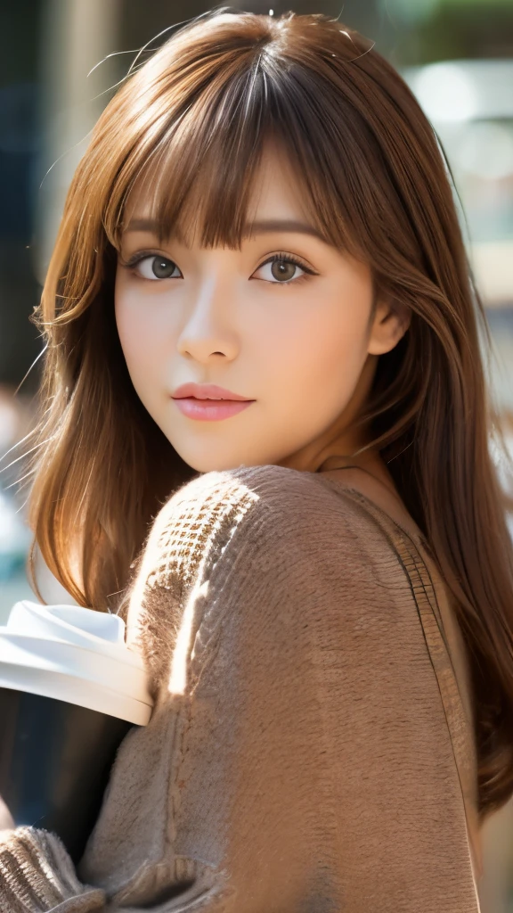 Best quality, 8k, ,Masterpiece :1.3)), facing viewer,((full body1.2)) ,pretty woman, wide shot ,1girl, , café,, , brown hair , bangs,ultra-detailed face, highly detailed lips, detailed eyes, double eyelid