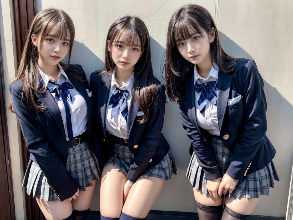 (8K, Raw photography, top-quality, masterpiece:1.2), master piece, best quality, illustration, Super detailed, fine details, High resolution, 8K,wall paper, perfect dynamic composition,(Details High quality, realistic depiction of eyes:1.3), ((2 girls, 2 girls)), The background is a luxury hotel room、High school girl uniform、blazer 、Super Short Check Uniform Skirt、Navy blue high socks、garterbelts、Colossal tits、Disturbed uniform, Play with each other,Touching each other's bodies,Touching the body of the girl next door, short bob hair, black hair color, huge breasts, Big Natural Color Lip, bold sexy pose, (perfect body shape), crying a little、cold gaze, Beautiful makeup,glitter makeup,Cutest 18 years old, beautiful legs, hposing Gravure Idol, Voluptuous thighs