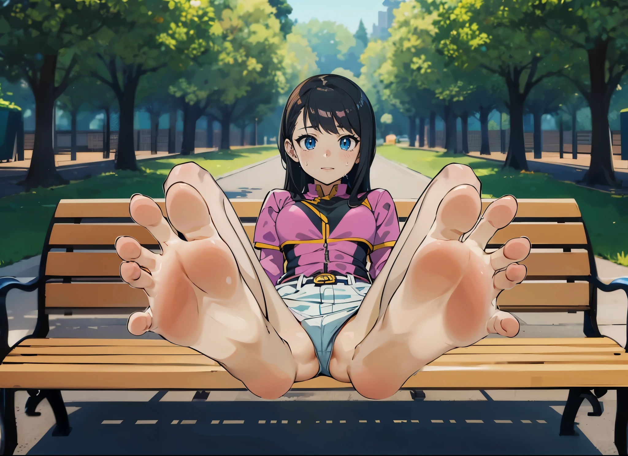 Anime girl sitting on a chair with Big Feet and pink shirt, Huge Art, Foot Art POV, Detailed feet POV, Big Feet, Foot pose, Tifa, Foot Art, !!Very detailed!!, Her slender legs will amaze you..., Naughty anime style, High Sole, High Resolution Rate、barefoot、only、Sweaty Feet, mashin sentai kiramager, to you_ooharu, Kiramei Pink