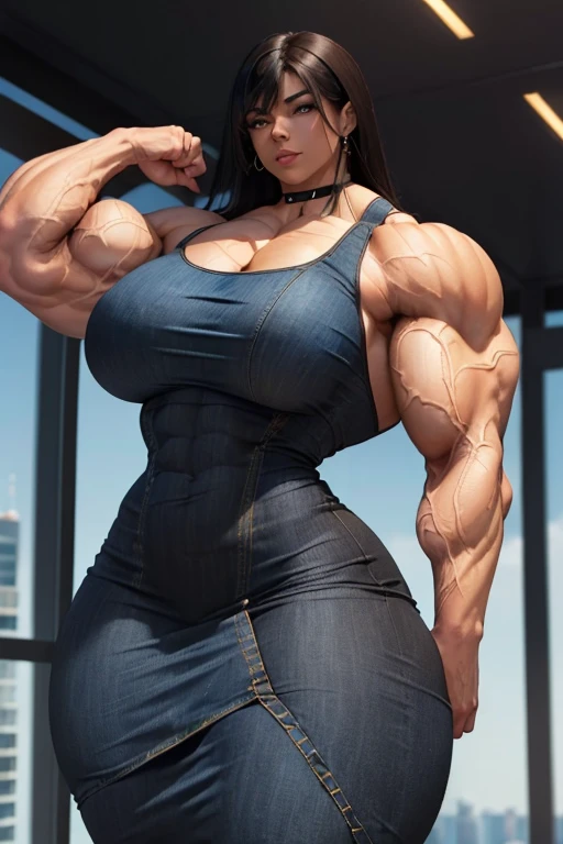 ((((Massive tall, beautiful, buff, light brown skinned muscular woman with black hair, ginormous bulky muscles, flexes biceps and wearing a beautiful denim pencil dress)))), (close view), massive muscles, massive biceps, hyper muscle shoulders, massive muscle arms, vascular shoulders, hyper muscle triceps, (long straight hair), orange eyes, choker, on top of a sunny skyscraper In the sky, confidant smile, hyper vascular arm, hyper muscles arms, hyper muscle legs, (massive arms).