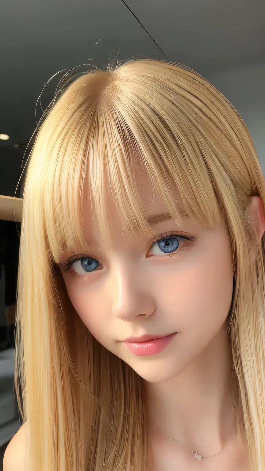 Portrait、、Bright expression、ponytail、Young shiny glossy white glossy skin、Great looks、Blonde reflection、Bangs between the eyes、bangs on the face、Platinum blonde hair with dazzling highlights、Shiny bright hair,、Smooth, super long, straight hair、Shiny beautiful bangs、Sparkling, crystal clear, attractive big blue eyes、Very beautiful, lovely and cute 16 year old girl、Ample Bust