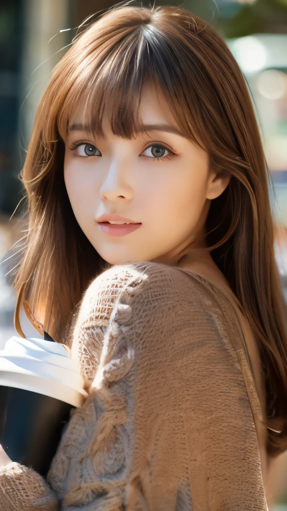 Best quality, 8k,  ,Masterpiece :1.3)), facing viewer,((full body1.2)) ,pretty woman, wide shot ,1girl, ,  café,,  , brown hair  , bangs,ultra-detailed face, highly detailed lips, detailed eyes, double eyelid