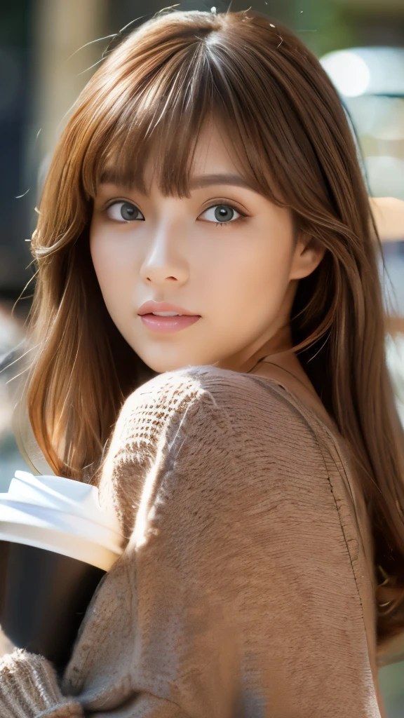 Best quality, 8k,  ,Masterpiece :1.3)), facing viewer,((full body1.2)) ,pretty woman, wide shot ,1girl, ,  café,,  , brown hair  , bangs,ultra-detailed face, highly detailed lips, detailed eyes, double eyelid