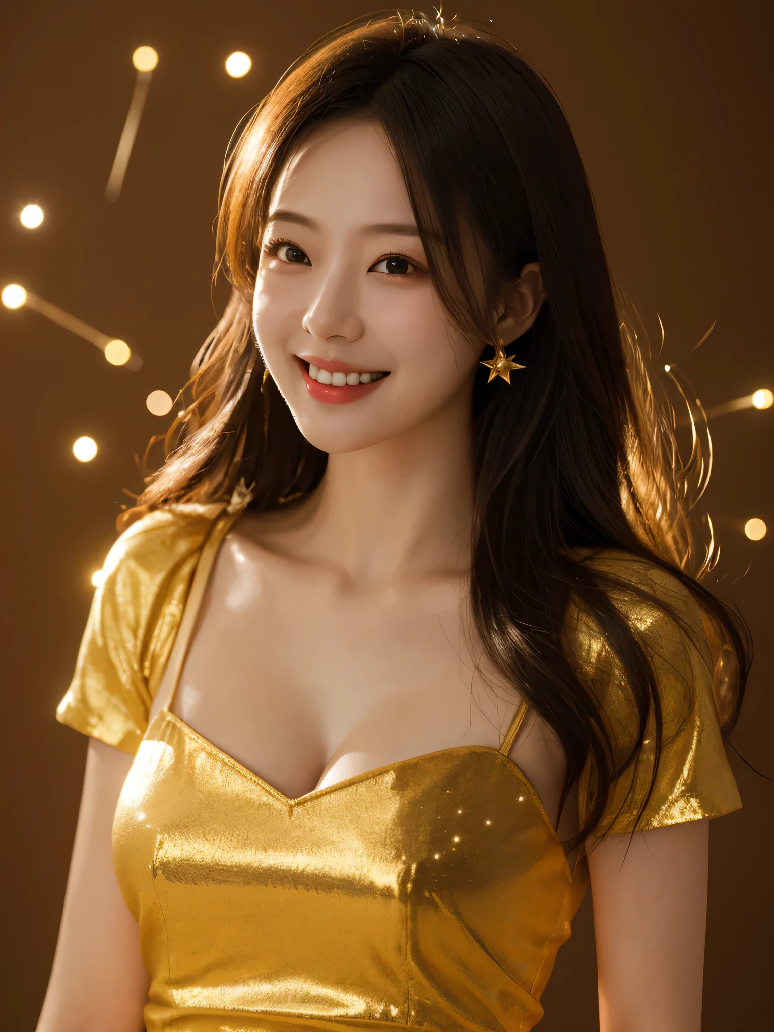 (best quality, masterpiece:1.2),Super detailed,(Photo-realistic:1.4),Solitary,Cute girl,whole body,Lite Spike,Light_particle,Smile,Gold Light Shiny Clothing,Big breasts
