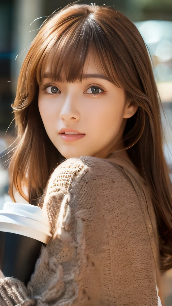 Best quality, 8k,  ,Masterpiece :1.3)), facing viewer,((full body1.2)) ,pretty woman, wide shot ,1girl, ,  café,,  , brown hair  , bangs,ultra-detailed face, highly detailed lips, detailed eyes, double eyelid