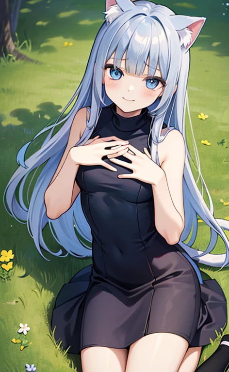 (masterpiece:1.4、top-quality、illustration)、(character focus、,cowboy shot:1.3)、(from above:1.4),(1girl),(forced smile:1.3),(Beautiful eyes:1.4),cute face,blue eyes、(tareme:1.3)、(cat ears,cat tails),
),(kneeling:1.4),、(hand on own eyes:1.4)
(blue grey hair),(long hair:1.5)、
,(meadow:1.3),（sleeveless turtleneck dress:1.5),
(blunt bangs),(sidelocks:1.3), (small breasts)、
、slender、