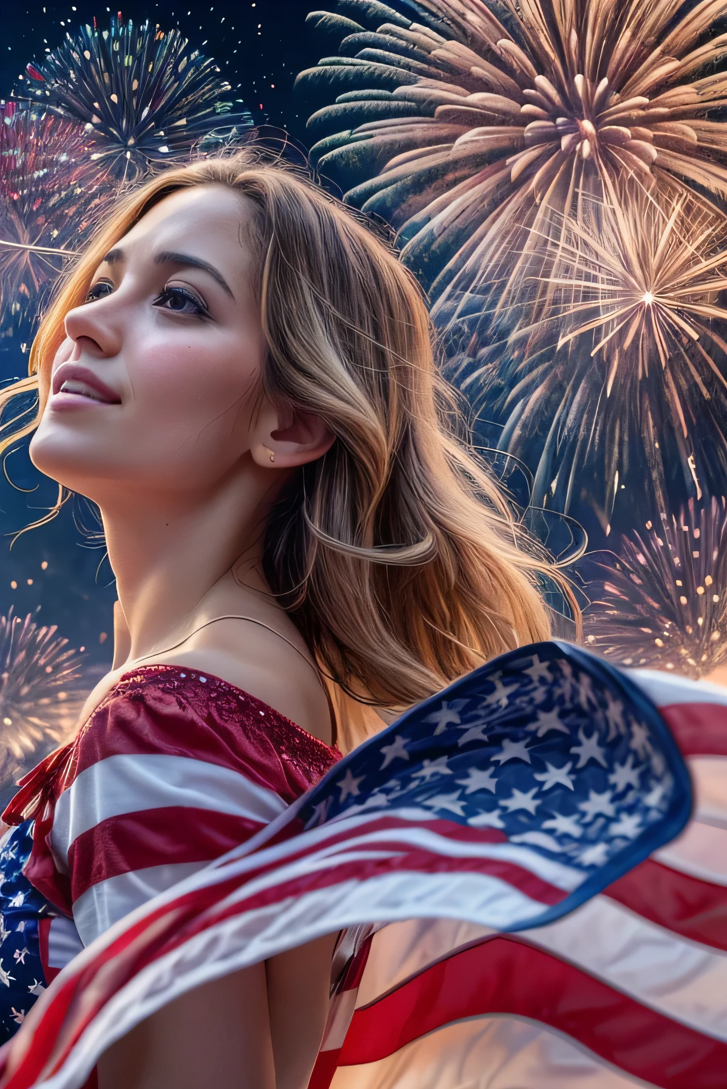 Create an evocative image featuring a beautiful woman with a look of melancholy, set against the backdrop of the United States Independence Day celebrations. The scene is illuminated by the soft glow of fireworks in the night sky, with vibrant colors reflecting off her face and the surroundings. The American flag (Stars and Stripes) is prominently displayed, either in her hands, draped around her shoulders, or waving in the background.
The woman is dressed in a stylish yet simple outfit that suits the celebratory atmosphere, perhaps a summery dress in patriotic colors like red, white, and blue. She stands alone, slightly apart from the festive crowd, her expression one of deep contemplation and sadness, as if lost in thought amidst the celebration.
The background is filled with typical Independence Day elements—fireworks bursting in the sky, people celebrating with sparklers, and decorations in red, white, and blue. Despite the lively atmosphere, the focus is on her introspective moment, creating a poignant contrast.
Capture the interplay between the joyous celebration of Independence Day and the woman's inner melancholy. Use the soft, ambient light from the fireworks and surrounding festivities to subtly highlight her figure and the American flag, creating an emotional and thought-provoking scene. Emphasize her expression and the reflective mood, while maintaining the vibrant, celebratory atmosphere of the holiday.
Use a combination of sharp focus on the woman and the flag, with a softly blurred background to draw attention to her emotional state while keeping the context of the Independence Day celebration evident.