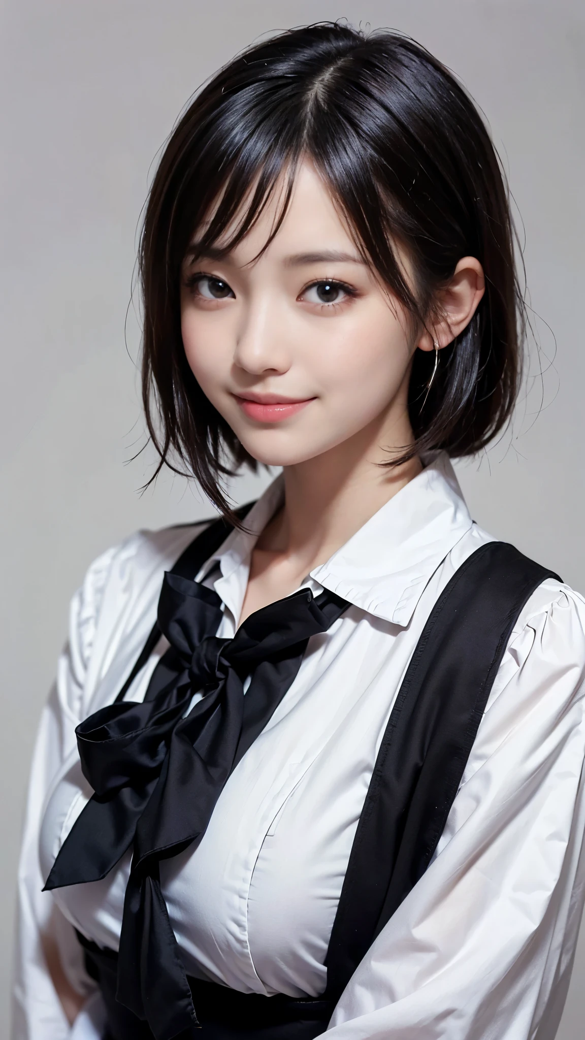 ((highest quality、Masterpiece、High resolution))、(((Zoom photo of upper body、Black Hair)))、(A shy smile:1.2)、One woman、Beautiful Skin、Beautiful Eyes、Big Breasts、Black Sailor Suit、Trimmed bangs、short hair