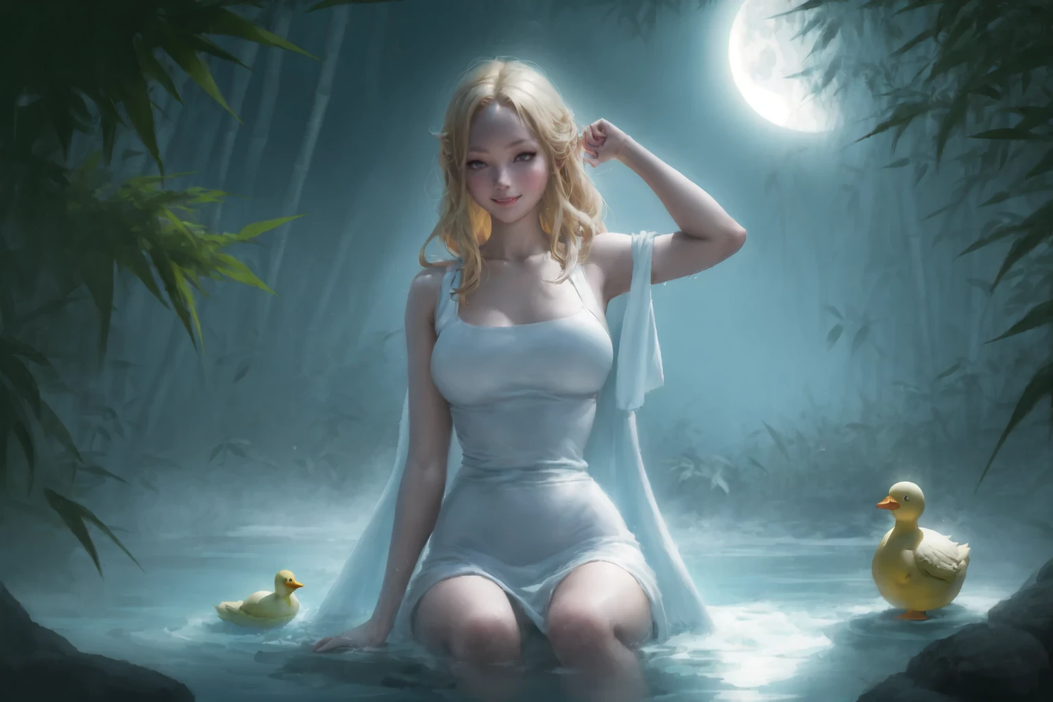1girl,solo,full body,Bathing,In the water,hot spring,blister,Mist,bath towel,smile,Rubber duck,night,dark ,moon,bamboo ,Long blond hair,out door