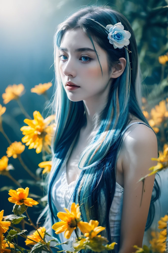 ( masterpiece, top quality, best quality,8k,************ girl,ultra detailed,raw photo:1.5),(photorealistic:1.4), (cinematic lighting), PerfectNwsjMajic, , Surrealism, UHD, ccurate, Super detail, textured skin, High detail, Best quality, dynamic angle, White skin,[Beautiful blue eyes], high nose,[flat chest:large breasts:0.5],(1girl),((good anatomy:0.5)),(covered in flowers:1.4), night sky, joint, interested in, fire and ice, (The image is divided into two，Available in a variety of colors:2), eyes blues, sapphire, liquid metal, night sky, (Look at an angle:1.3), (fire and ice), ((Lower chrome)), (hairpin:1.4), (forest:1.3), (fog: 1.3),  Subtle colors and tones, mystical aura ,dreamy atmosphere,expressive brush strokes, mystical ambiance, Artistic interpretation,Wonderland, blue glowing flowers tone, upper body, long hair,(blue streaked hair,white hair), river,water