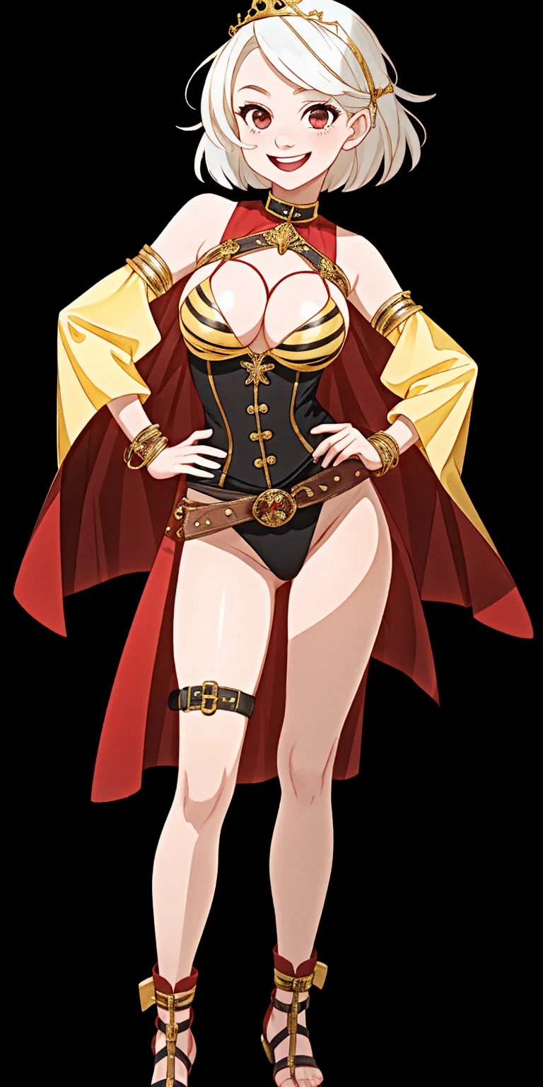 ((BLACK BACKGROUND 1:2, masterpiece)) 1solo female full body MILF BIMBO standing straight symmetrical with two long thighs, red eyes like rubies, eye focus looking to the viewer, silver white hair, short bob style hair, big knockers breastplate, breastplate, cleavage, tiara royal, long cape up to two feet, yellow bikini (yellow tiger stripes), lustful smirking smiling, smile face (red blushed, red cheeks) pauldrons metal shoulders, gold sleeveless bracelets, separate sleeves, hands on waist hands OR hips, golden bracers, metal handcuffs, leather corset, red loincloth, black leather choker slave collar, shackles bracelets, slave red crest under navel, navel, big belt around waist OR hips, feet together, metal ankle, two long thighs and two metal sandals