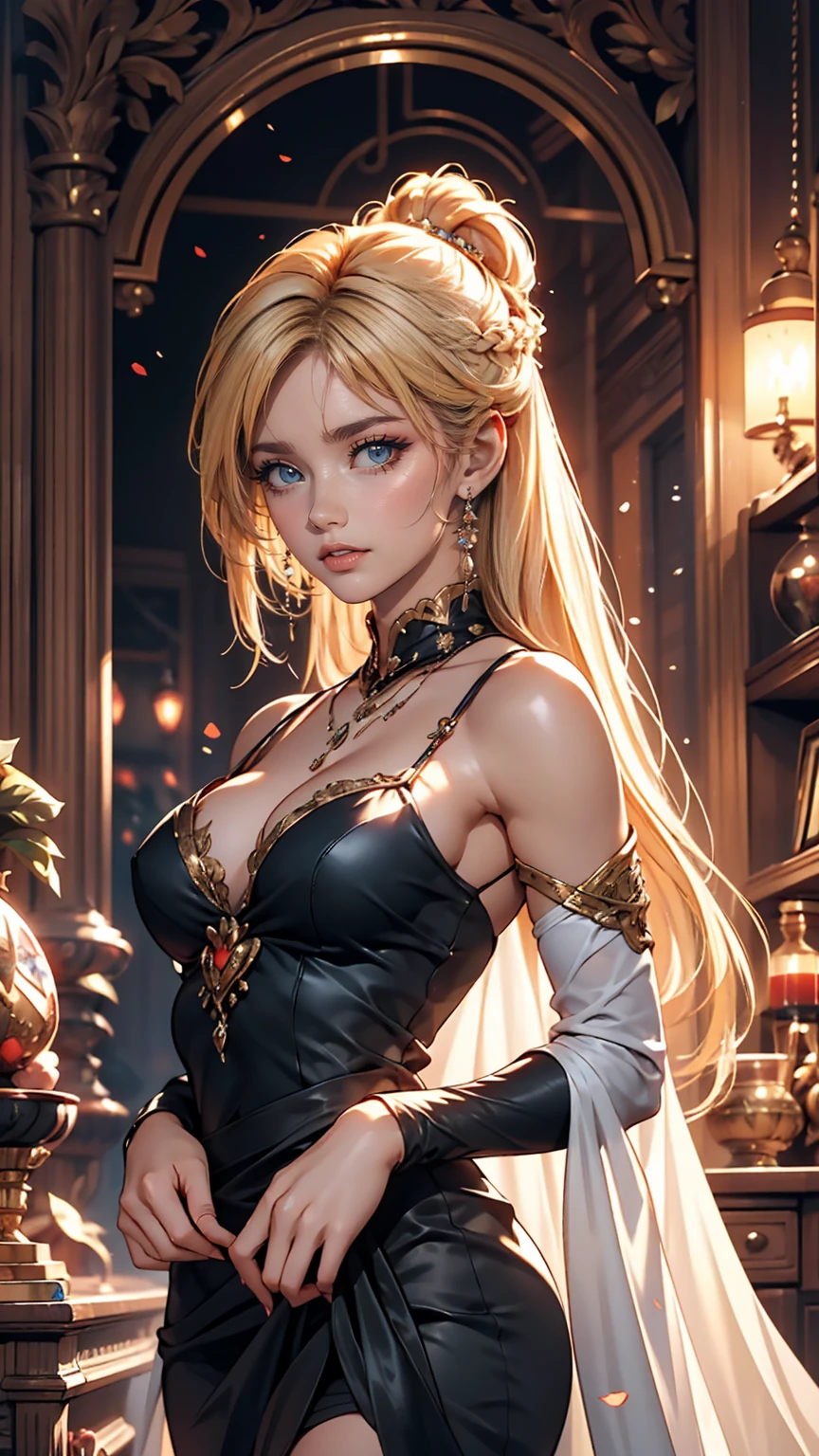 masterpiece, highest quality, One girl, alone, ((Mature Woman)), Round pupils, long hair, hair, Princess, Black Dress, Fantasy, Happy, View Viewer, comics, anime, (oil)