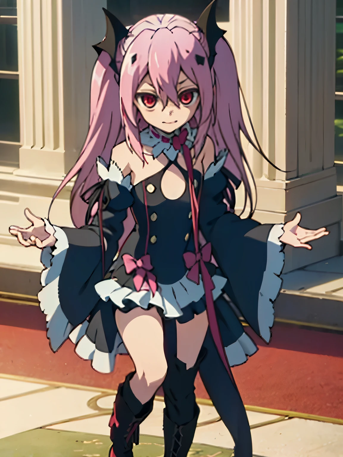 Krul Tepes、Red eyes、Flat Chest、Long Hair、Pink Hair、Two Side Up、hair ornaments、boots、Black Dress、Bare shoulders、Wide sleeves、ribbon,(Perfect hands),(Perfect Anatomy),(masterpiece),(highest quality),
