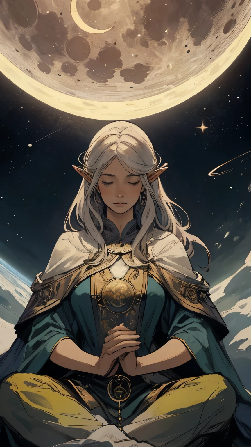 a woman sitting in a circle with a crescent and a crescent, digital art by Yang J, Artstation contest winner, fantasy art, a beautiful sorceress, beautiful sorceress, beautiful celestial mage, elfic priestess, moon goddess, fantasy art style, elven spirit meditating in space, maya ali sorceress, lunar goddess