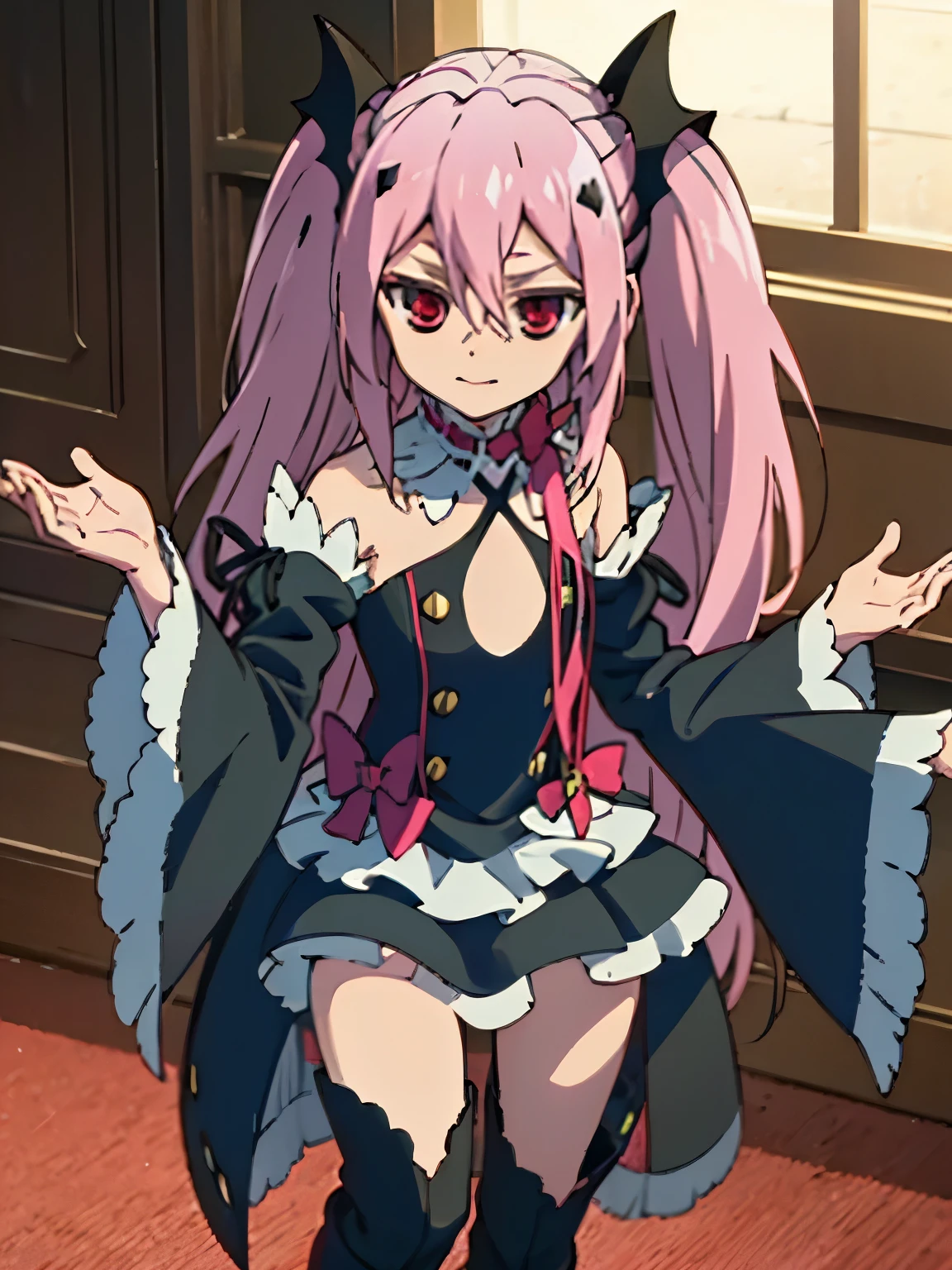 Krul Tepes、Red eyes、Flat Chest、Long Hair、Pink Hair、Two Side Up、hair ornaments、boots、Black Dress、Bare shoulders、Wide sleeves、ribbon,(Perfect hands),(Perfect Anatomy),(masterpiece),(highest quality),