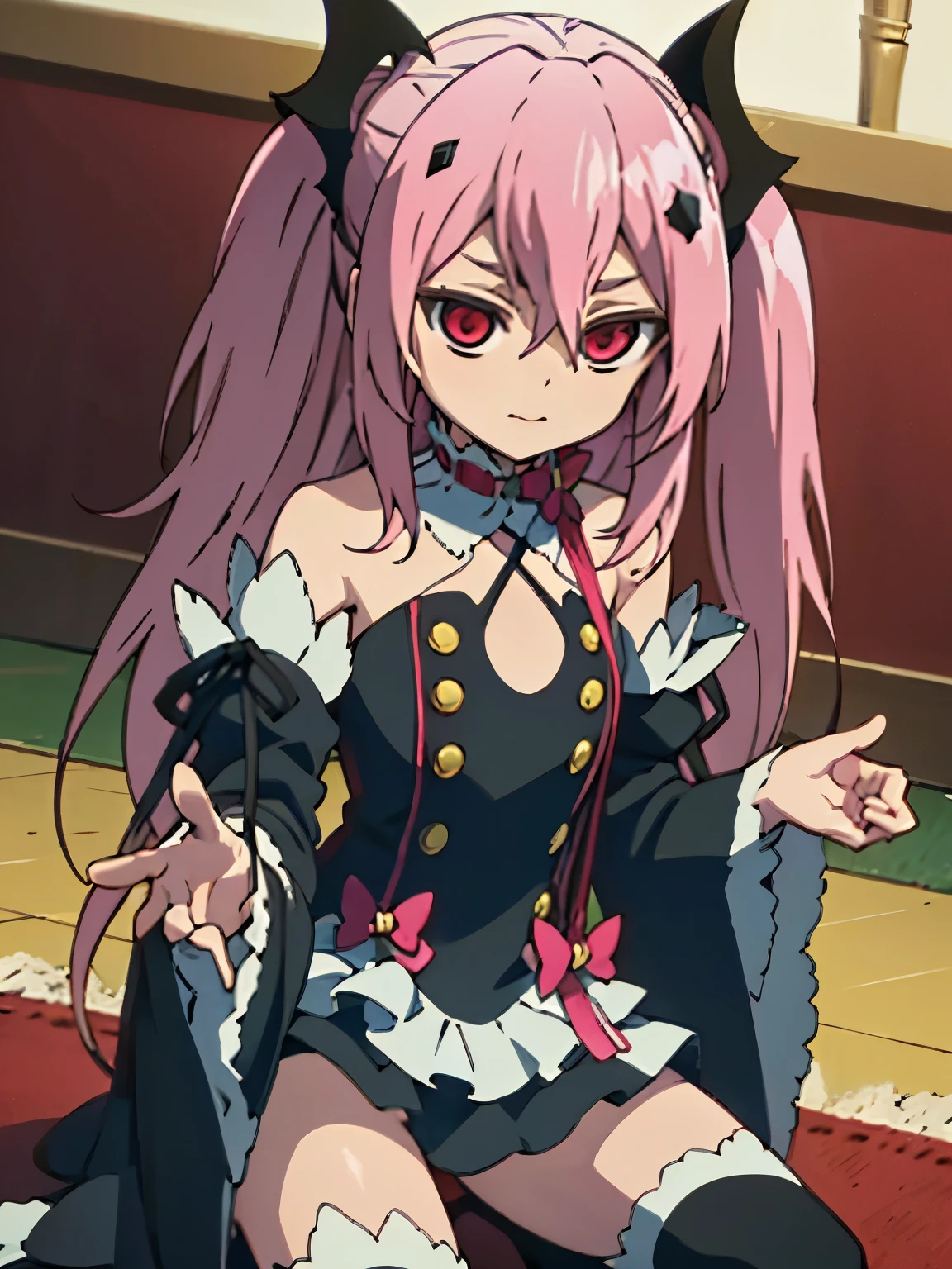 Krul Tepes、Red eyes、Flat Chest、Long Hair、Pink Hair、Two Side Up、hair ornaments、boots、Black Dress、Bare shoulders、Wide sleeves、ribbon,(Perfect hands),(Perfect Anatomy),(masterpiece),(highest quality),