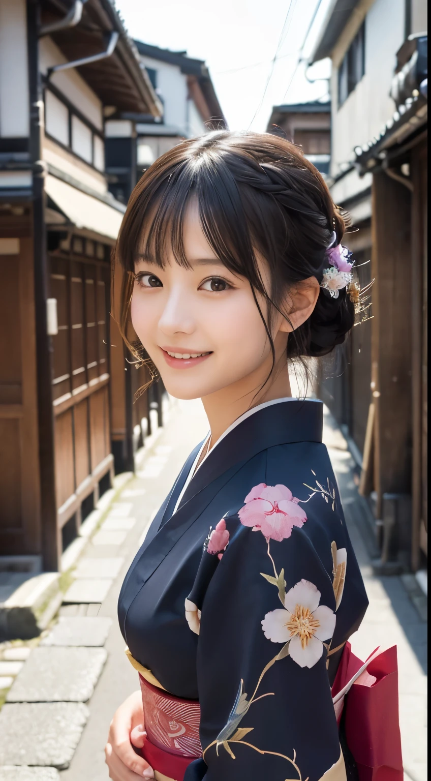 Professional Lighting,(Photorealistic:1.4), (Top image quality:1.0), (超A high resolution:1.0), 8k, Raw photography, (masterpiece:0.2), (Facing the children_v1:0.5)、(最高quality Detail:1.2)、Realistic、8K Ultra HD、High resolution、(1 girl:1.2)、超detailedな、High quality textures、複雑なdetailed、detailed、Very detailed CG、High quality shadows、detailed 美しく繊細な顔、Beautiful details and a delicate eye、(Symmetrical eyes:1.2),Written boundary depth、Ray Tracing,1 girl, Japanese Girls, (Natural smile:1.4),cute, thin, Portrait of a beautiful Japanese woman in a kimono, Standing elegantly on a street corner in Kyoto. Kimono with vibrant traditional patterns, Hair decorated with elegant and delicate hairpins, Gentle expression. (With the old streets of Kyoto in the background:1.4)、The soft light of a spring afternoon、Adding tranquility to the scene. Rendered in a Realistic style with great attention to detail, High resolutionの画像.Sky Porn, Magic Hour, (Realistic:1.3), finely, quality, (Tabletop:1.2), (Realistic:1.2), (最高quality), (複雑なdetailed), dramatic, Ray Tracing, photograph, +roller
