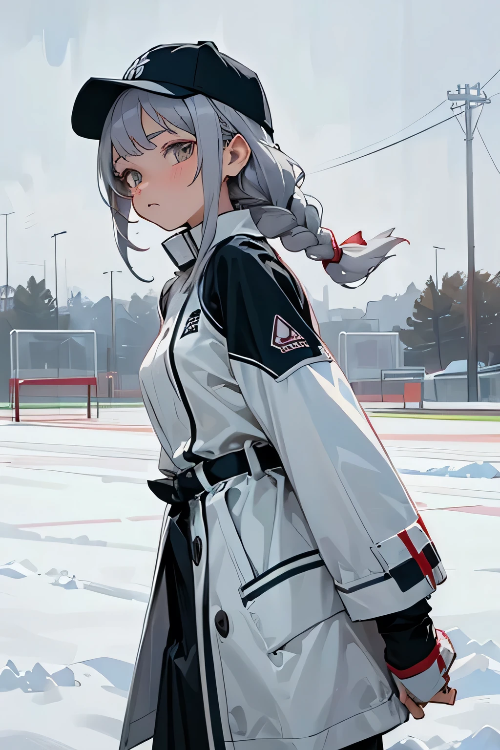 (masterpiece),(最high quality),Fair-skinned anime female character wearing a sci-fi baseball uniform, physique, Flat Chest,Hunchback, ,1 person, Baseball hats, Coat with boa,world1Beautiful girl, White eyelashes, Gray eyes, emotionless expression,expressionless,voluminous hair,braid,Voluminous braids,Gray Hair, short bangs,Anime Moe Art Style, Anime Girl, Young Anime Woman, Snowy baseball field, Gloomy sky,high quality,