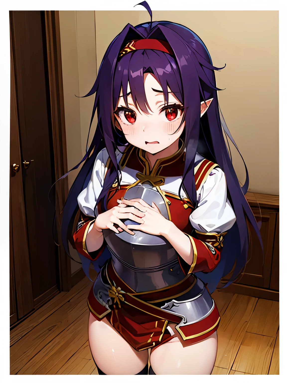 NSFW,Yuki Konno、Headband、Long Hair、Pointy Ears、Purple Hair、(Red Eye:1.5)、黒Thigh-high socks、Removable sleeves、Thigh-high socks、dress、紫色のdress、armor、紫色のarmor,Embarrassed,blush,(Perfect hands),(Perfect Anatomy),(masterpiece),(highest quality),Fantasy,inn,bedroom